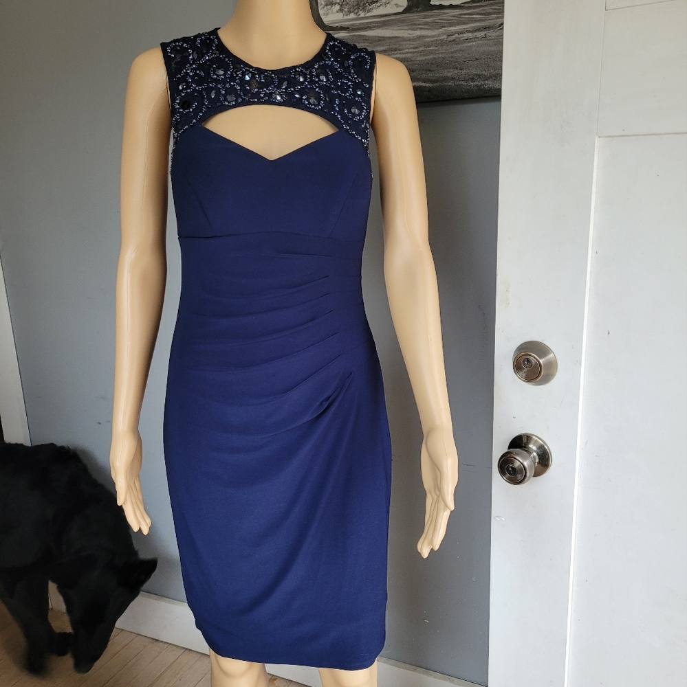 Cache Blue Beaded lace cocktail dress size 4